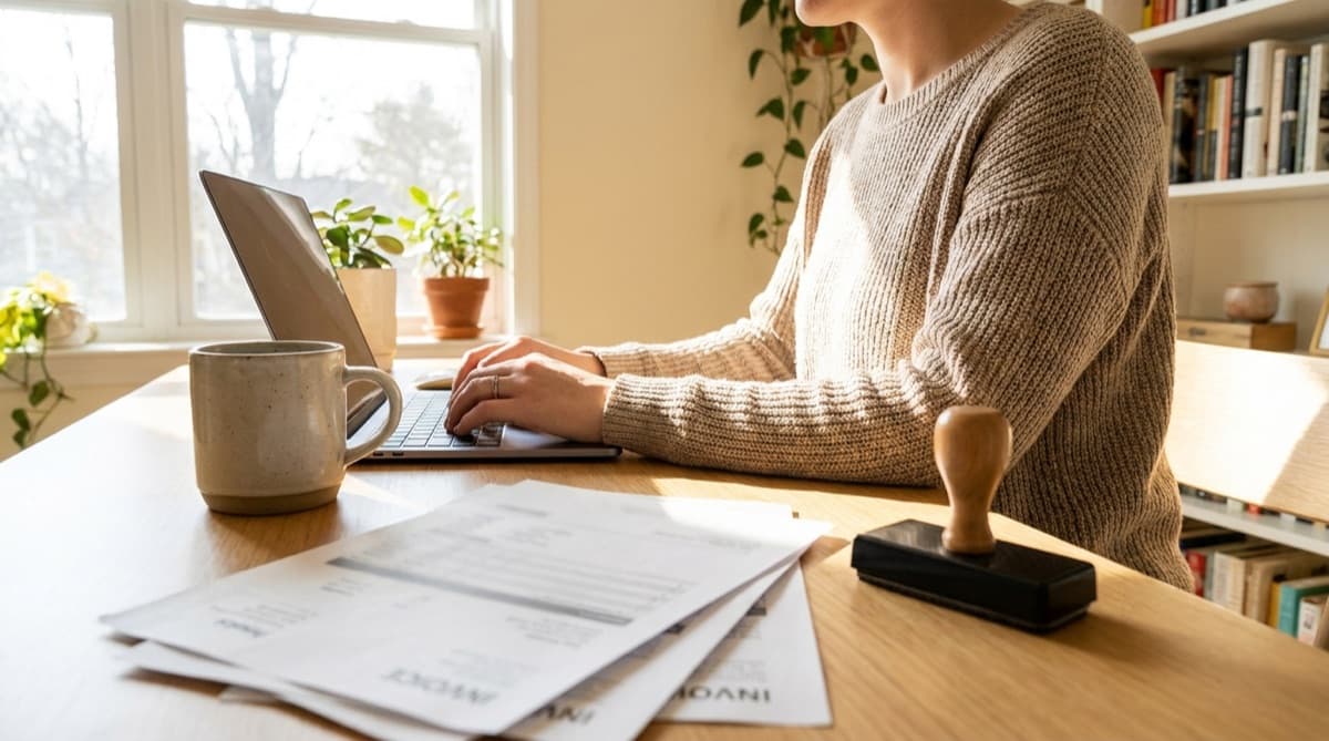 Auto-entrepreneur travaillant à domicile avec tampon encreur et factures