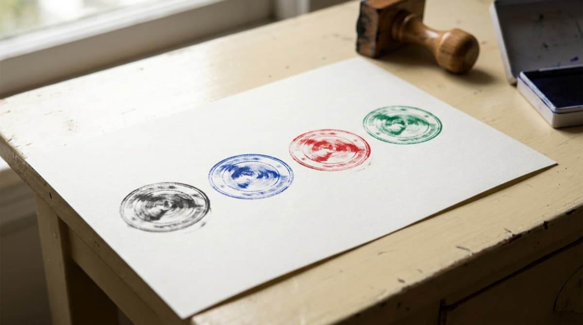 Empreintes de tampon noire, bleue, rouge et verte sur une feuille blanche