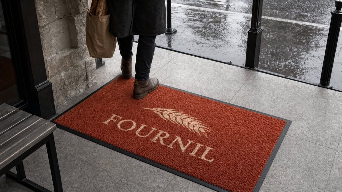 Client sortant d'une boulangerie sur un tapis d'entrée au logo, un sac kraft à la main