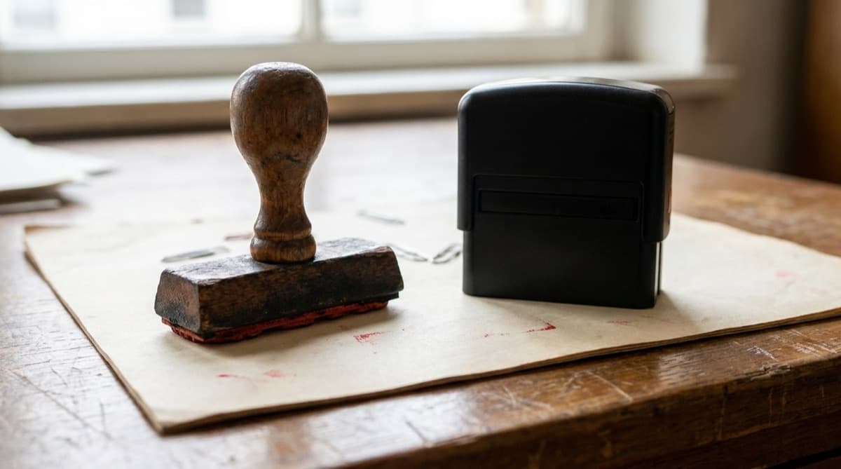 Tampon encreur ancien posé à côté d'un modèle neuf sur un bureau