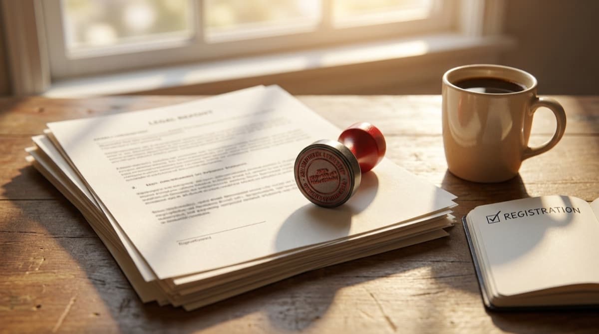 Documents officiels d'immatriculation d'entreprise avec tampon encreur et tasse de café