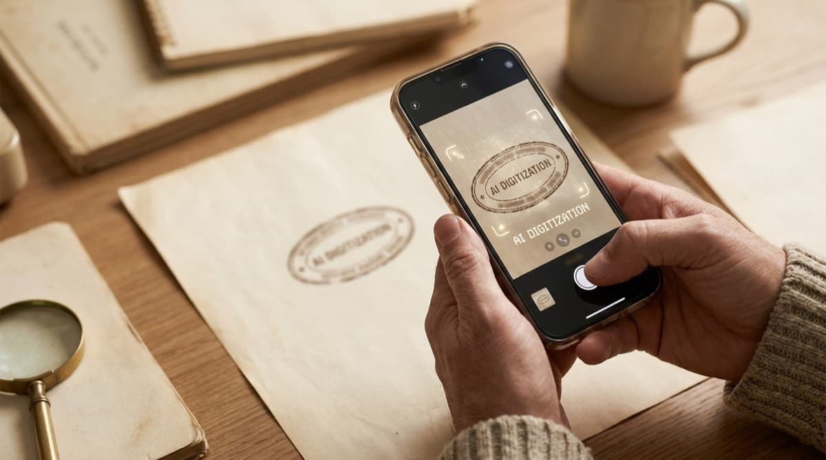 Smartphone photographiant l'empreinte d'un ancien tampon posée sur un bureau