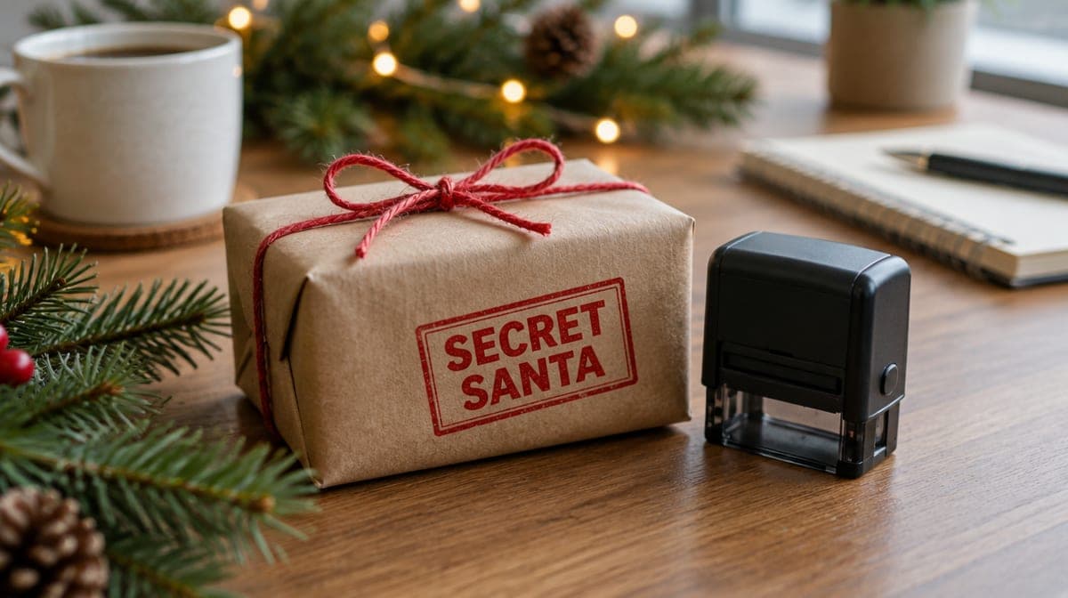 Paquet en papier kraft marqué d'un tampon rouge « SECRET SANTA », posé sur un bureau à côté d'un tampon encreur