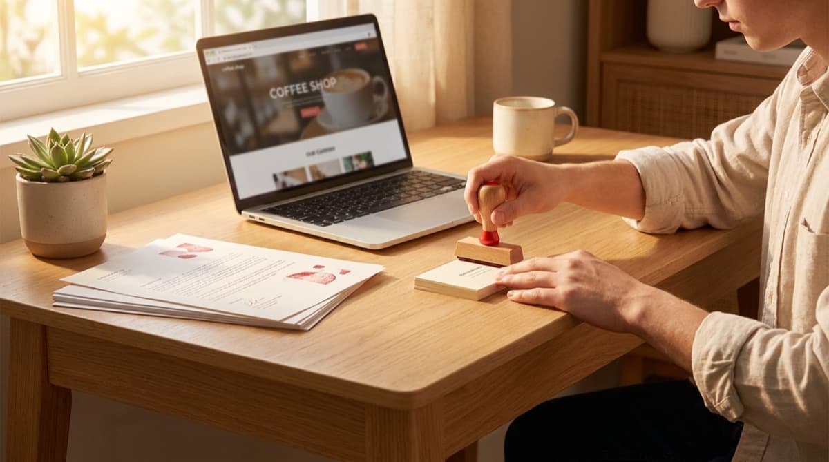 Bureau d'un créateur d'entreprise avec tampon encreur, documents et ordinateur portable