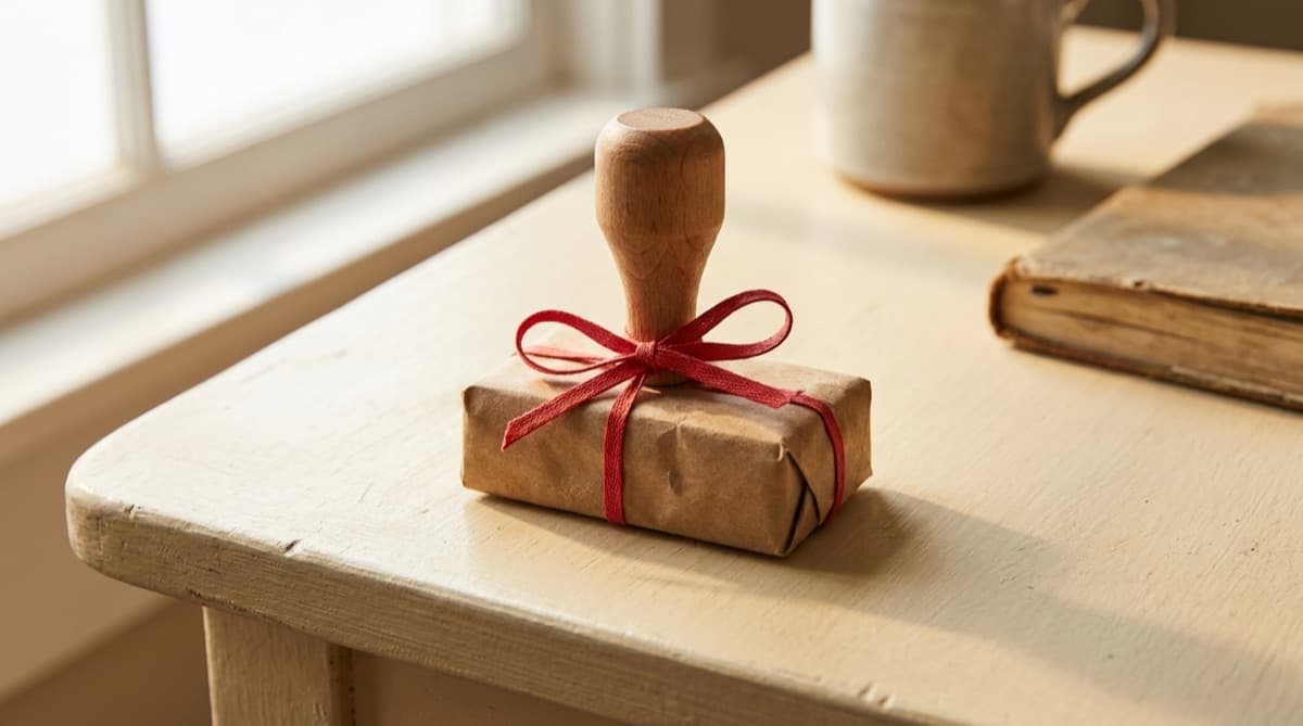 Tampon personnalisé présenté dans un emballage cadeau en papier kraft