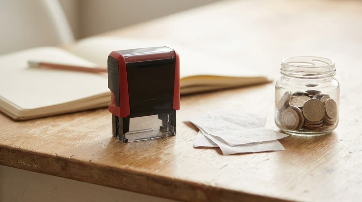 Tampon encreur personnalisé posé sur un bureau en bois clair à côté de tickets