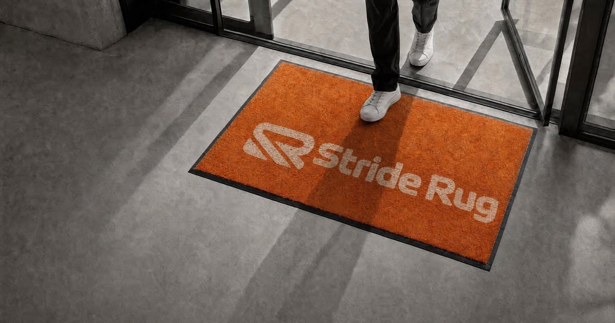 Tapis d’entrée orange au logo Stride Rug devant une porte vitrée