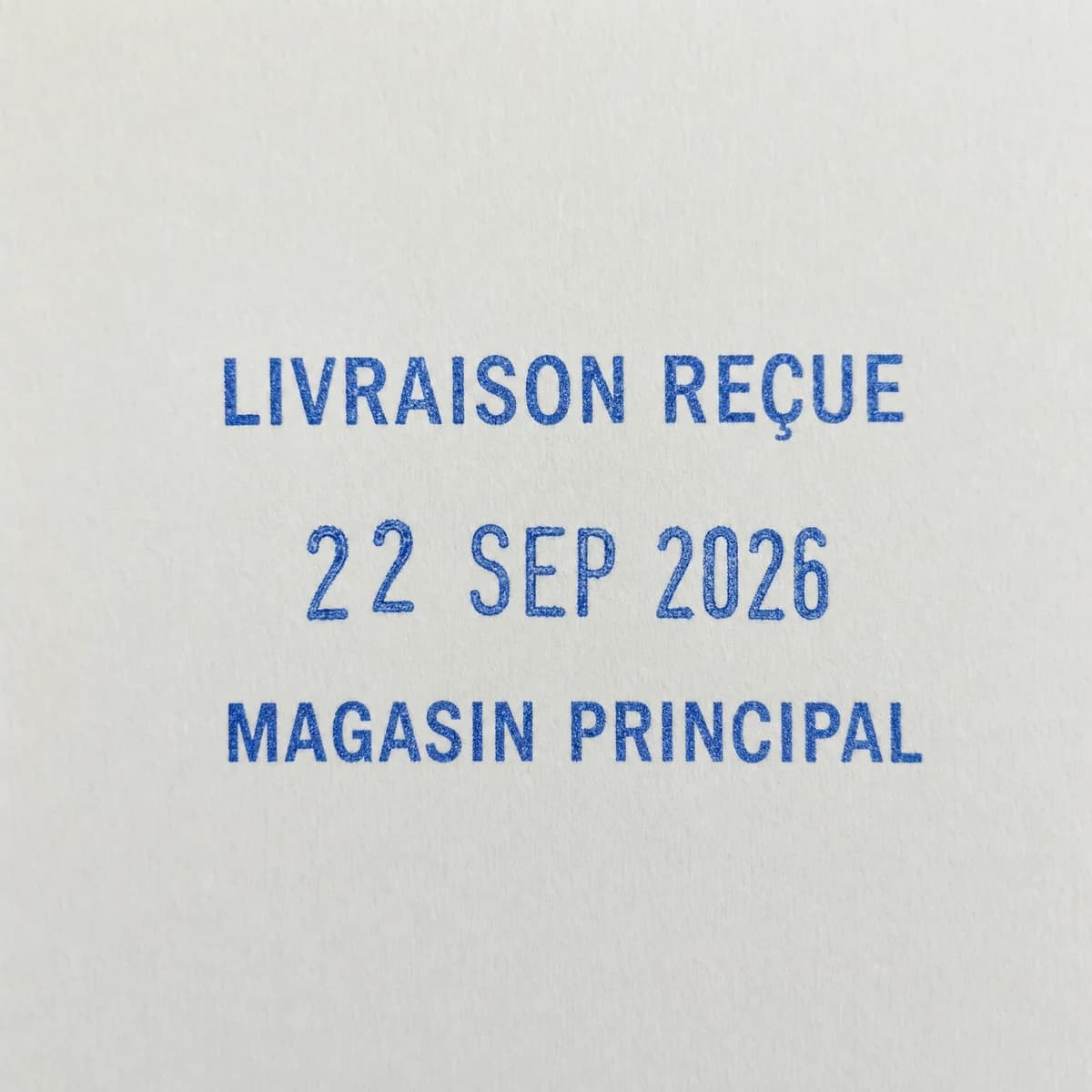 Date de réception en bleu : exemple d’empreinte à l’encre bleue sur papier blanc
