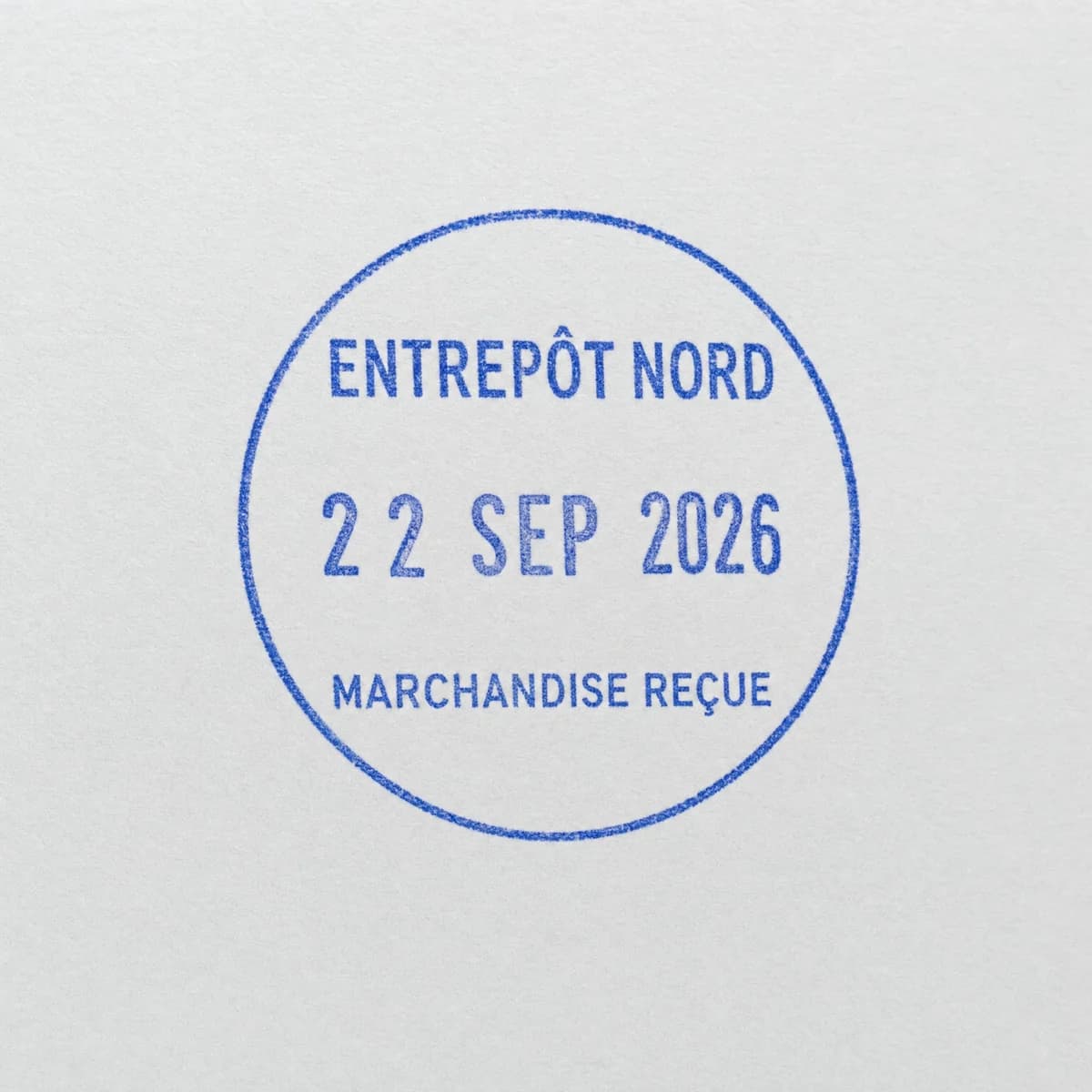 Dateur rond de réception en bleu : exemple d’empreinte à l’encre bleue sur papier blanc