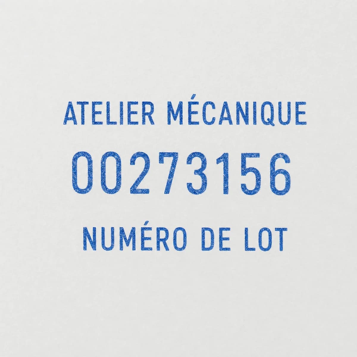 Numéro de lot sur huit chiffres : exemple d’empreinte à l’encre bleue sur papier blanc